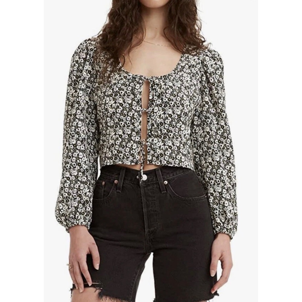 Levis Embry Floral Tie Front Blouse Womens L Cropped Top Puff Sleeve Western